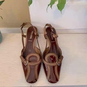 Prada Brown and Burgundy Patent Leather Slingback Pumps